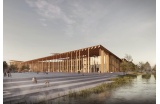 Vue sur le bâtiment et son péristyle, au bord de l'Aaar, depuis le parvis - Crédit photo : Kengo Kuma and Associates -