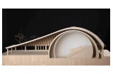 Maquette coupe des trois peaux successives : la coupole en résille de LVL, la géode et son écran de projection © Elding Oscarson Architects - Crédit photo : dr -