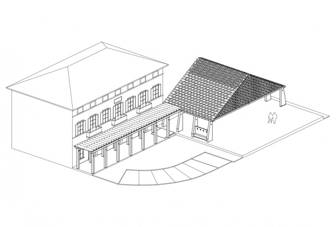 Axonométrie du projet comprenant la halle et une pergola le long de la mairie.<br/> Crédit photo : D.R. -