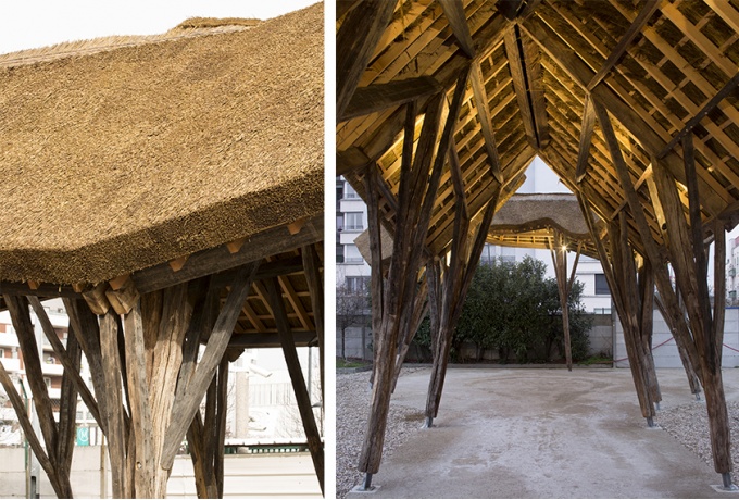 Une charpente hétérogène : du neuf, du réemploi, trois types de bois.<br/> Crédit photo : GUILLAUME Clément