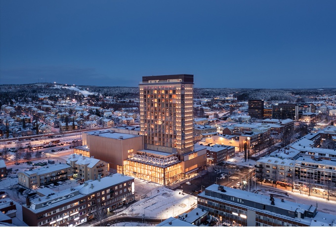 Un hôtel de 20 niveaux entièrement en bois domine le complexe multifonctionnel.