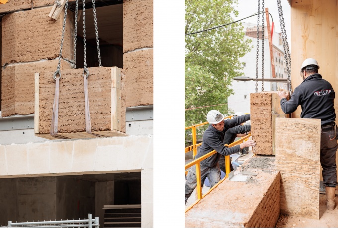 Chaque bloc est levé par grue avant d’être empilé sur les précédents recouverts de mortier (chaux, sable, ciment) permettant le jointement des blocs.<br/> Crédit photo : Mostefaoui Salem